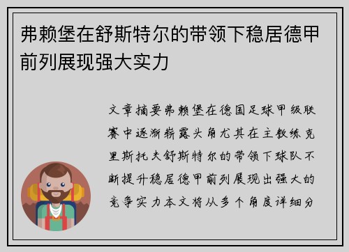 弗赖堡在舒斯特尔的带领下稳居德甲前列展现强大实力